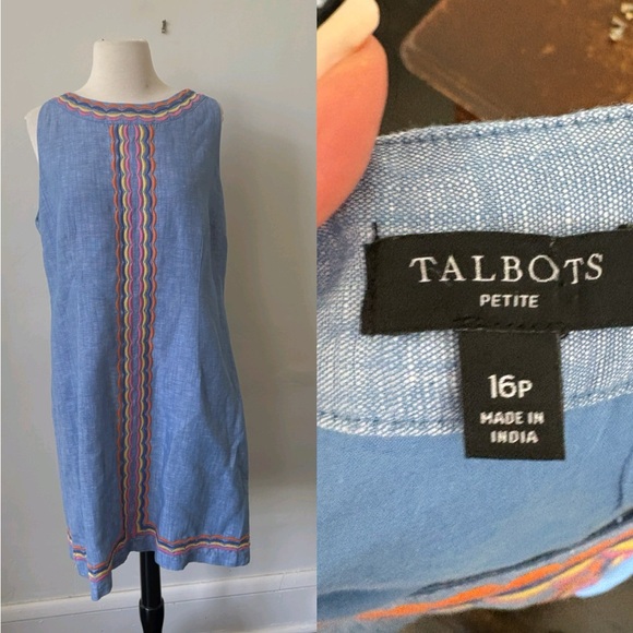 Talbots Blue Sleeveless Embroidered Dress with Multicolor Trim Size 16P - Picture 1 of 9